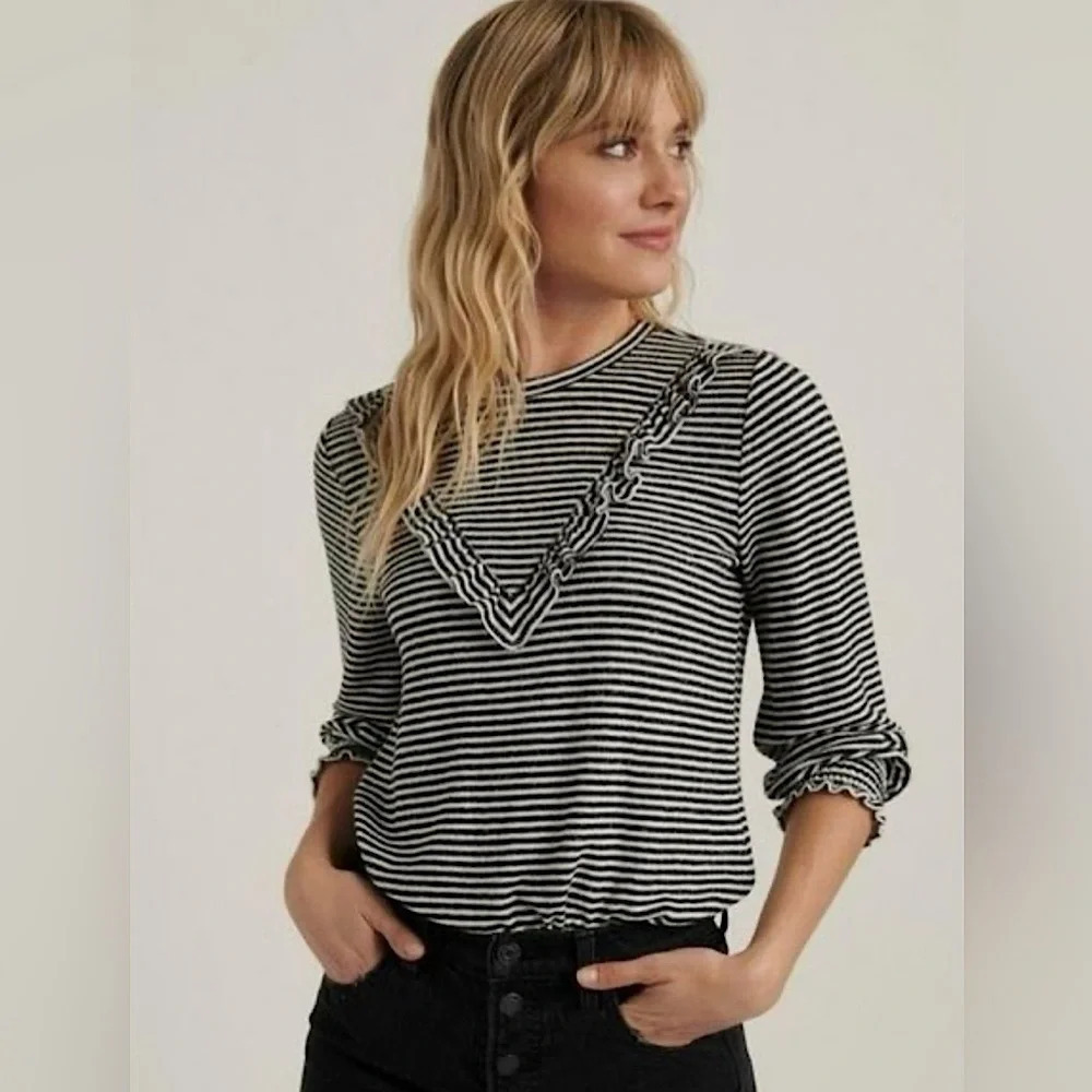 Lucky Brand Striped Ruffle Long Sleeve Top Smocked Cuffs Black White M